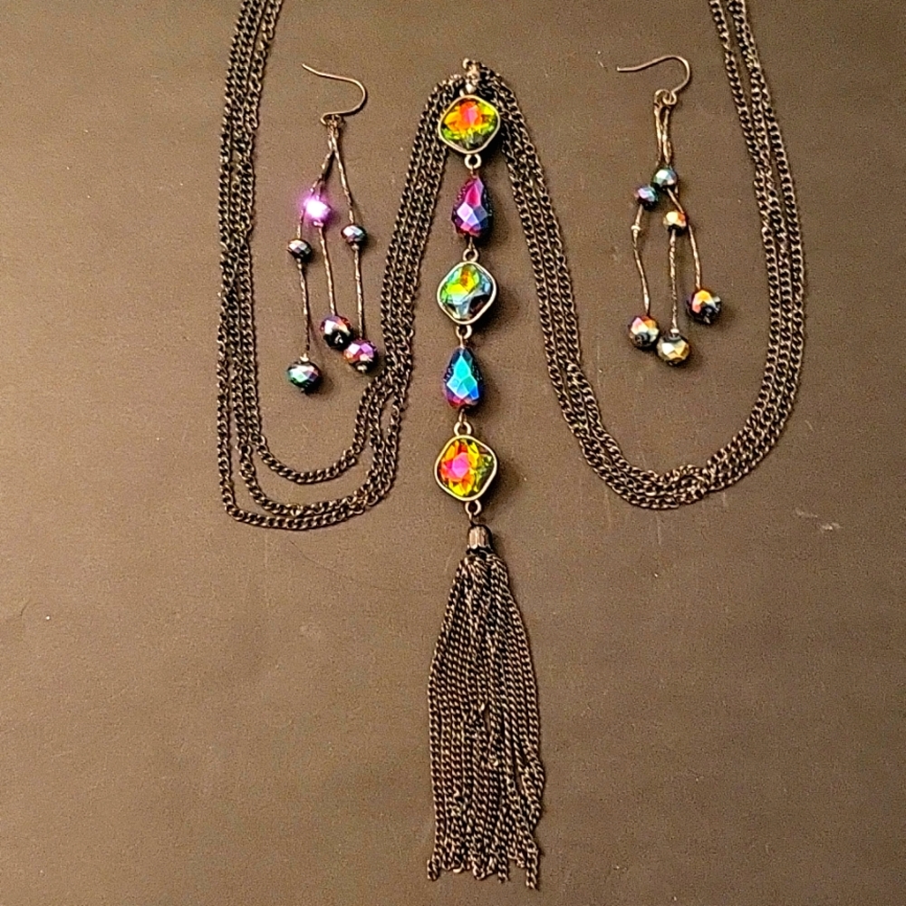 NEW Multi-color Crystals Long Triple Strand Necklace and Earrings Set!
